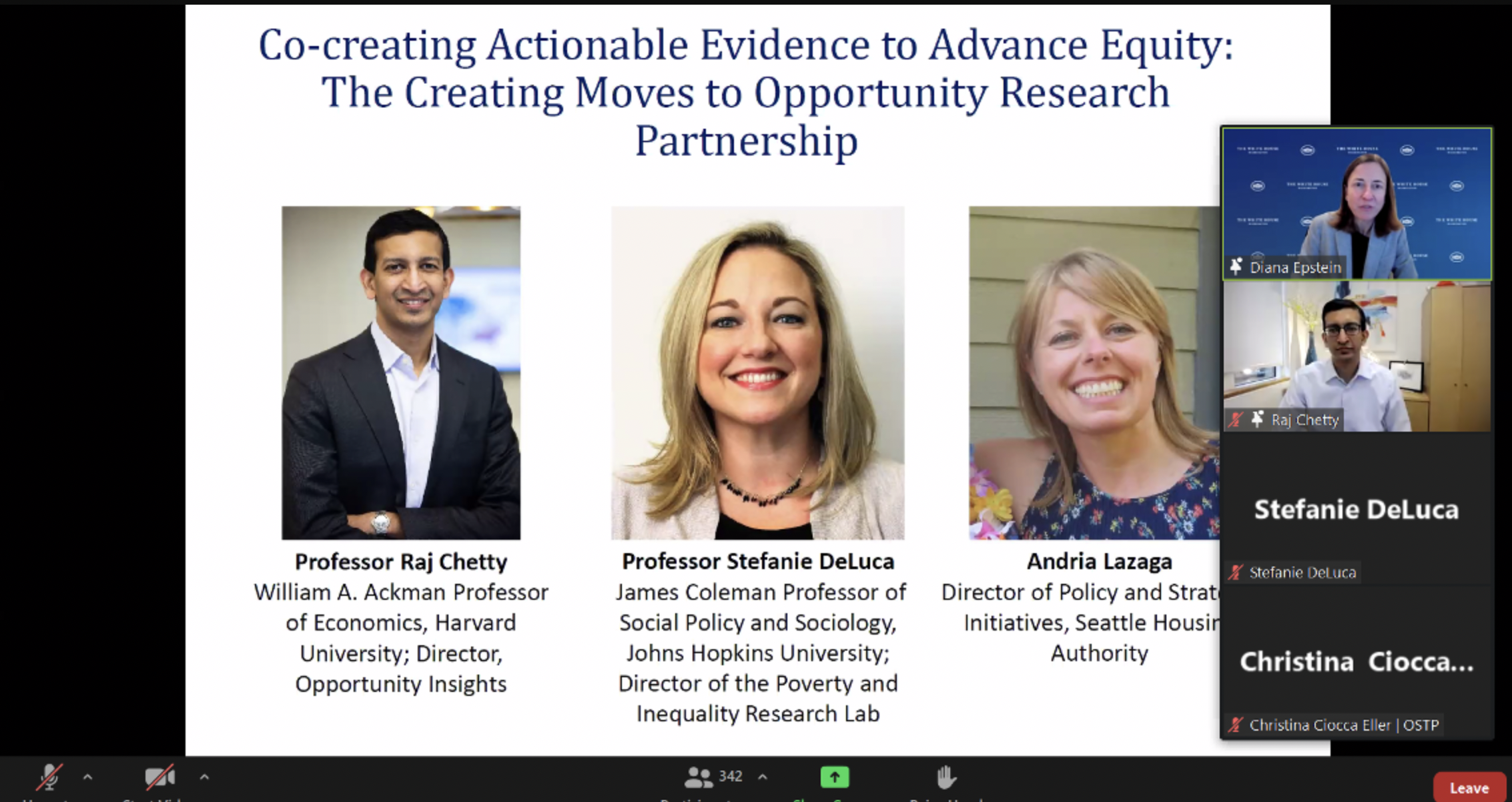 Screenshot of Zoom call with title "Co-creating actionable evidence to advance equity: the Creating Moves to Opportunity experiment" and photos of the speakers. There are 342 participants on the call.